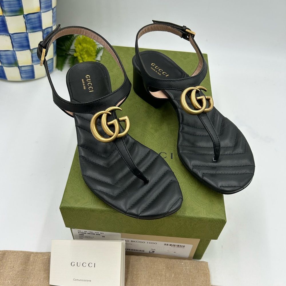 Gucci Black Leather GG Thong Sandals with Gold Hardware